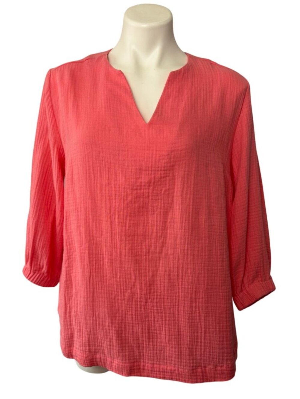 Foxcroft Pink Crinkle Cotton 3/4 Sleeve Split Neck Blouse - L